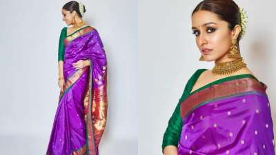 Shraddha Kapoor's banarai saree is a total slayer. The traditional purple saree looks marvelous with the choker necklace. The cherry on the cake is the 'gajra', which works wonderfully with her overall appearance. She creates a killer fashion moment and gives us some major traditional fashion goals to pursue.