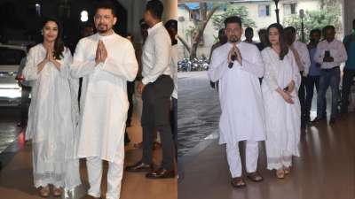 Madhuri Dixit and her husband Dr. Shriram Nene greeted the media with folded hands and went inside the venue to conduct the prayer meet. 