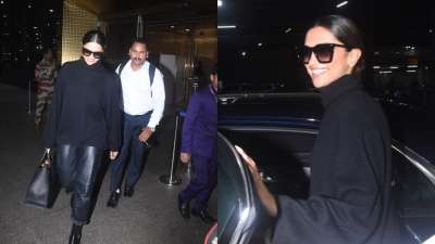 Deepika Padukone wore an all-black outfit as she arrived in Mumbai after presenting at the recent Oscars in Los Angeles.