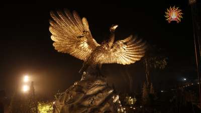 A night picture of the statue of Jatayu on the premises of the Ram Mandir in Ayodhya. Various structures have been installed on the campus of the temple.
