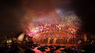 Fireworks at Sydney Harbour Bridge in Australia.
