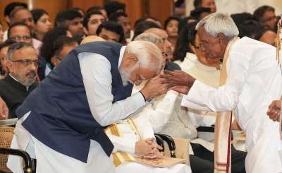 Padma Shri Bhagabat Padhan shares greeting with Prime Minister Narendra Modi during the second civil investiture ceremony of Padma Awards 2024 at the Rashtrapati Bhavan, in New Delhi.