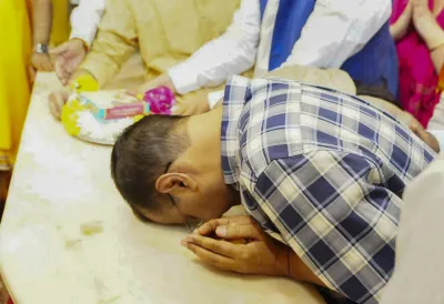 Delhi Chief Minister Arvind Kejriwal offers prayers at Hanuman Mandir a day after he got interim bail in a money laundering case, amid Lok Sabha elections, in Delhi's Connaught Place