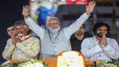 Prime Minister Narendra Modi, TDP chief N Chandrababu Naidu and Jana Sena Party chief Pawan Kalyan hold a grand joined roadshow in Vijayawada.