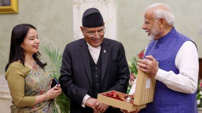 Prime Minister Narendra Modi with Prime Minister of Nepal Pushpa Kamal Dahal during a meeting after his swearing-in ceremony