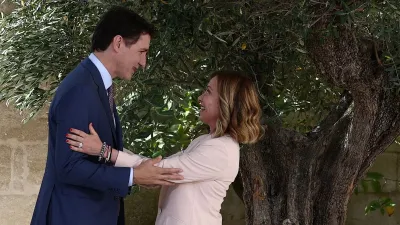 Canadian Prime Minister Justin Trudeau is welcomed by Italy&#039;s Prime Minister Giorgia Meloni.