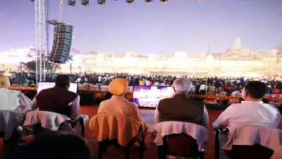 Uttar Pradesh Chief Minister Yogi Adityanath, Deputy CM Brajesh Pathak, and Union Minister Gajendra Shekhawat witness the grand Deepotsav celebrations in Ayodhya, marking an unforgettable evening.