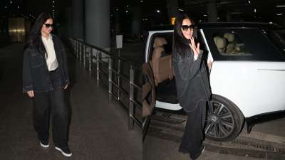 Katrina Kaif's chic black and white ensemble gives you a jet-set airport look idea.