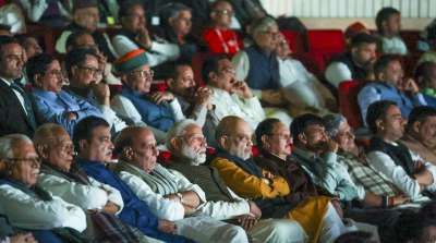 Prime Minister Narendra Modi watched the movie 'The Sabarmati Report' along with several members of his Cabinet besides MPs from the ruling alliance at the Balyogi Auditorium in the Parliament library building.