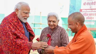 Prime Minister Narendra Modi was welcomed by Uttar Pradesh Governor Anandiben Patel and Chief Minister Yogi Adityanath upon his arrival, in Mahakumbh Nagar, Uttar Pradesh.