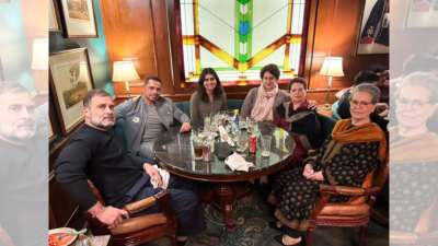 Congress leader Rahul Gandhi with Sonia Gandhi, sister Priyanka Gandhi, her husband Robert Vadra, daughter Miraya Vadra and their mother-in-law at Kwality restaurant, where the family shared food and laughter taking a small break from their political and official engagements. 