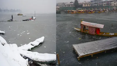 The iconic Dal Lake in Kashmir has got a new attraction after parts of it froze due to a drop in the temperature. The tourists found it perfect for adventure activity amid snowfall in the capital city of Jammu and Kashmir.