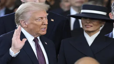 Donald Trump taking the oath of office during the 60th Presidential Inauguration in the Rotunda of the U.S. Capitol in Washington. 