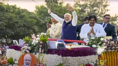 PM Modi, along with Andhra Pradesh CM Chandrababu Naidu and Deputy CM Pawan Kalyan held a mega roadshow in Vishakhapatnam. The massive crowd was seen on both sides of the road during the roadshow.