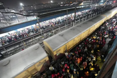 Platform numbers 14 and 15 of the New Delhi station are flooded with people, who rushed there to go to the Mahakumbh, underway in Prayagraj.