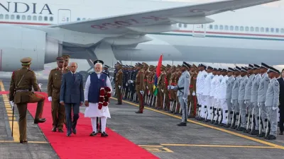 Prime Minister Narendra Modi arrived in Mauritius on Tuesday morning to a grand welcome led by Mauritian PM Navin Ramgoolam.