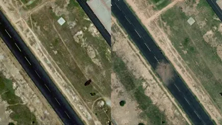 Mushaf Air Base, Sargodha (Left: Before Indian Strikes&emsp;|&emsp;Right: After Impact of Indian Strikes)