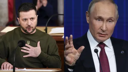 Ukrainian President Volodymyr Zelenskyy (left) and Russian President Vladimir Putin (right)