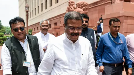 BJP MP Dharmendra Pradhan outside the Parliament complex/