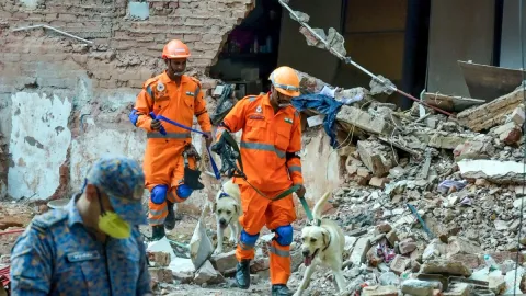 Rescue personnel at the site in Satya Niketan where a
