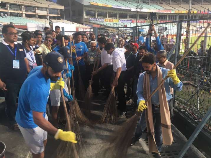 Captain Virat Kohli Anurag Thakur Join Swachh Bharat Movement Clean Eden Gardens Cricket