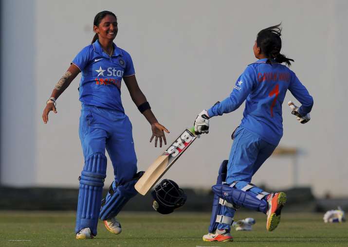 Harmanpreet Kaur and Rajeshwari Gayakwad celebrate after
