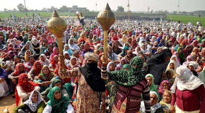 Women protesters at a Jat protest rally in Jasia village in