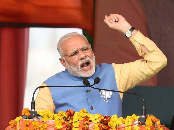 PM Modi addressing a rally in Aligarh