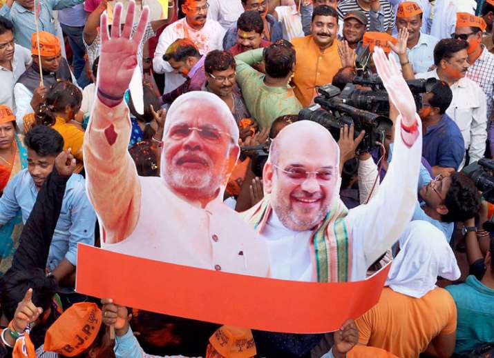 BJP workers carry a cut-out of PM Narendra Modi and BJP