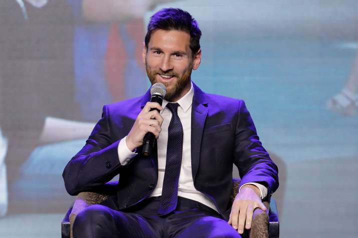 Barcelona's striker Lionel Messi speaks during a news