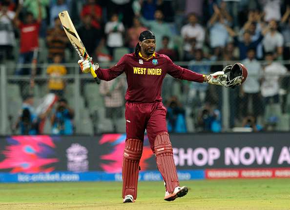 Chris Gayle of the West Indies celebrates his century