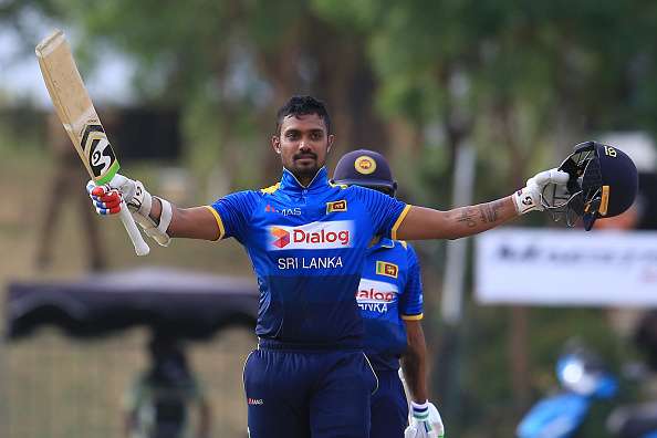 Danushka Gunathilaka celebrates after scoring a century