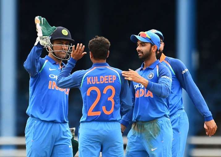Kuldeep Yadav celebrates one of his dismissals.