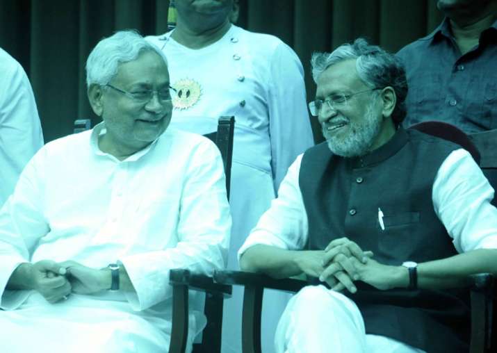 CM Nitish Kumar and Deputy CM SK Modi after taking oath of