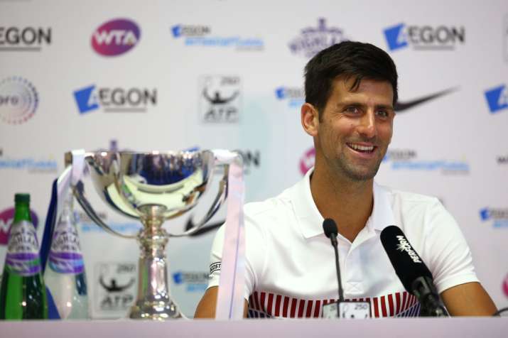 Novak Djokovic of Serbia chats to media after winning the