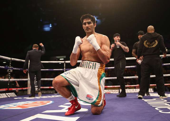 Vijender Singh reacts after winning the fight