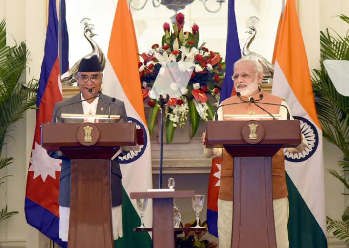 Narendra Modi with Sher Bahadur Deuba at joint media