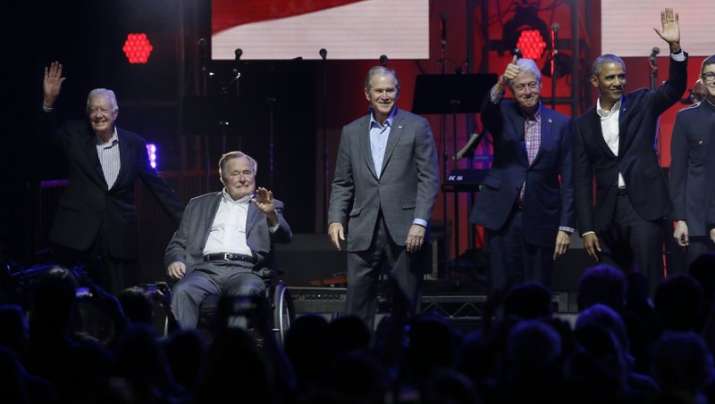 Former US presidents together at hurricane aid concert in