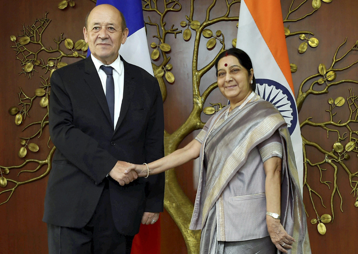 Sushma Swaraj meets Jean-Yves Le Drian in New Delhi on