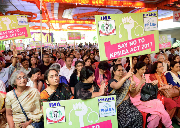 Doctors holding a protest during an indefinite strike