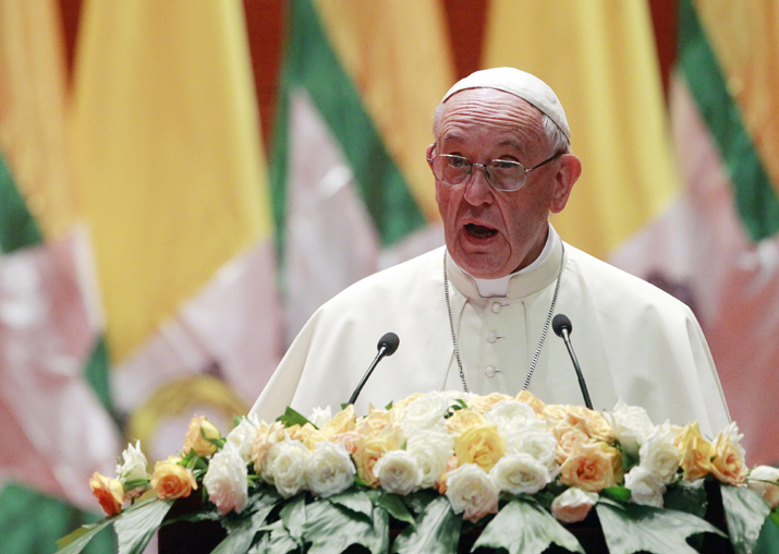 Pope Francis delivers a speech during a meeting with