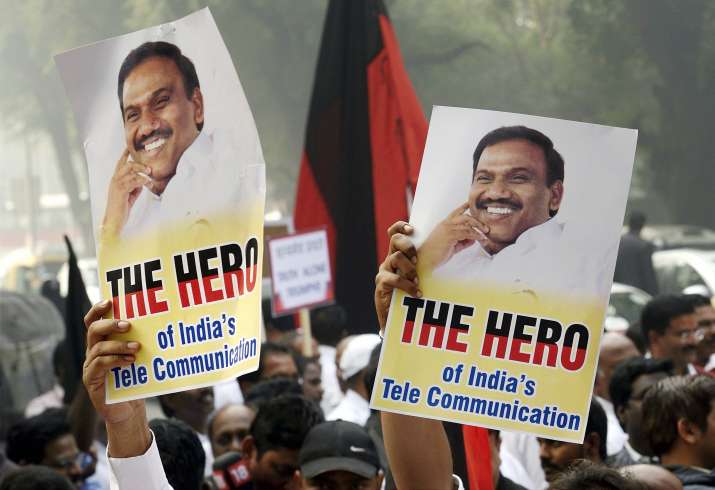 Former Telecom minister A Raja's supporters celebrate his