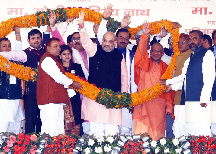 Amit Shah and Yogi Adityanath at a foundation stone laying