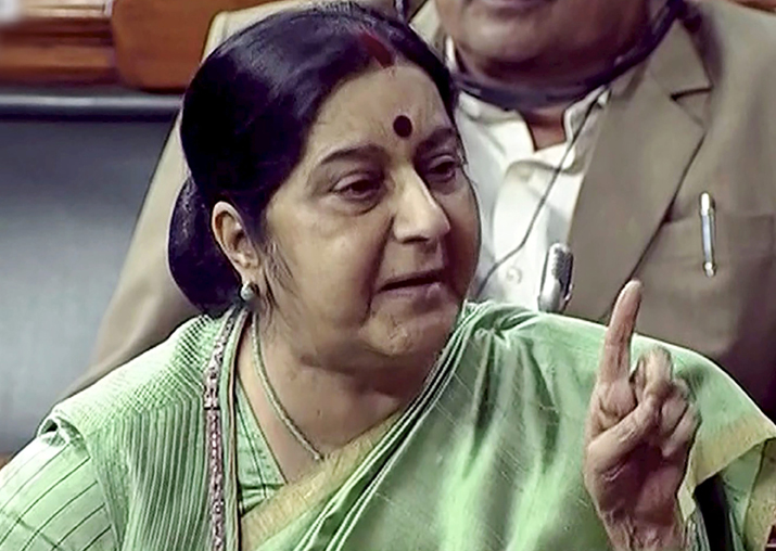 External Affairs Minister Sushma Swaraj speaks in the Lok