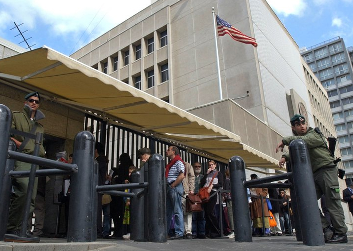 File - An Israeli border policemen guards the US Embassy in