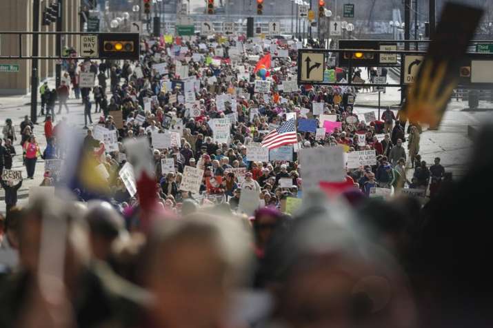 Protestors participate in a Women’s March highlighting