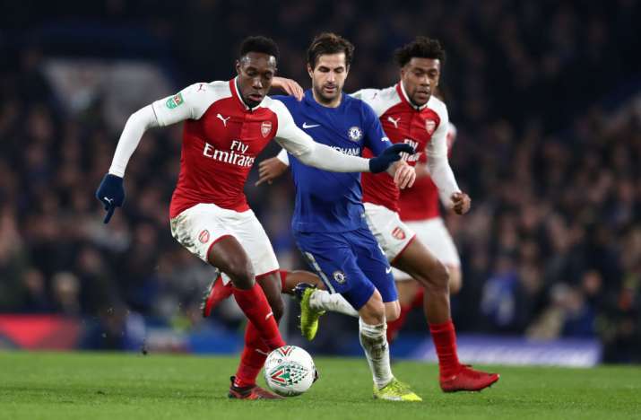 A file image of Danny Welbeck of Arsenal dribbling past