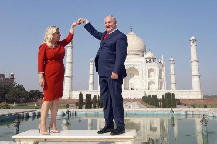 Israeli Prime Minister Benjamin Netanyahu along with his wife Sara at the 17th century Mughal monume