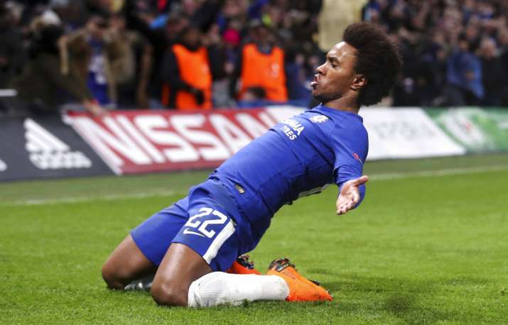 India Tv - Chelsea's Willian celebrates after scoring.
