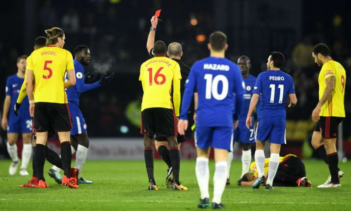 India Tv - The referee sends off Bakayoko after a challenge.